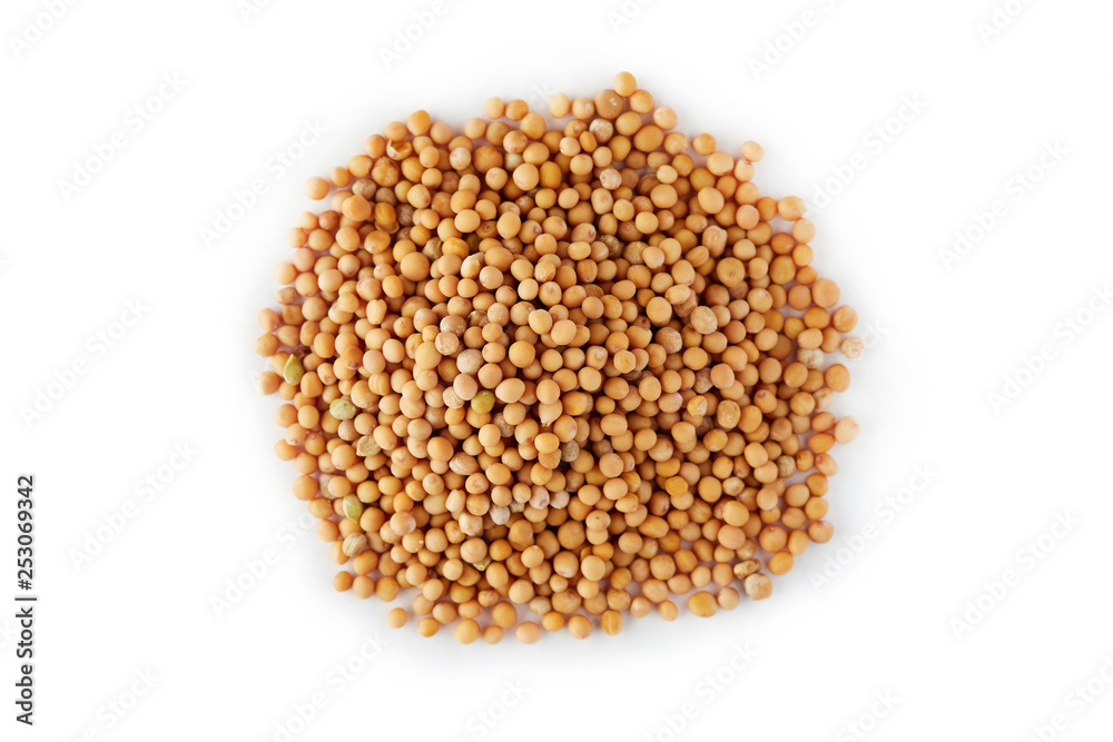 Organic yellow mustard seeds isolated on white background Organic yellow mustard seeds isolated on white background