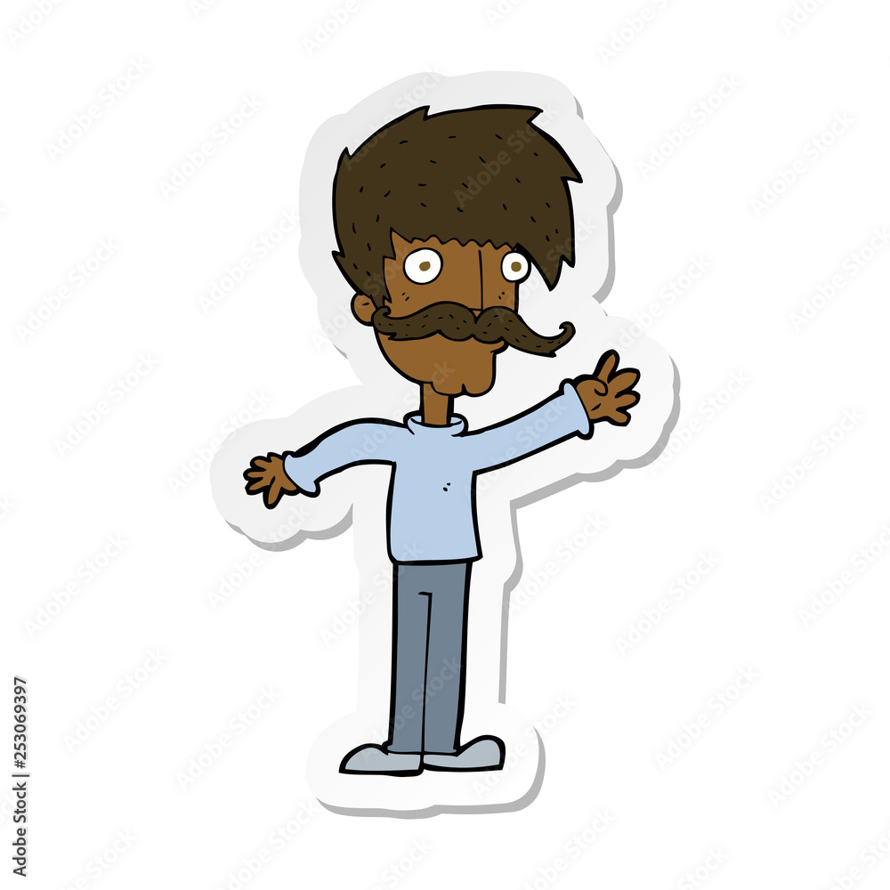 sticker of a cartoon waving mustache man