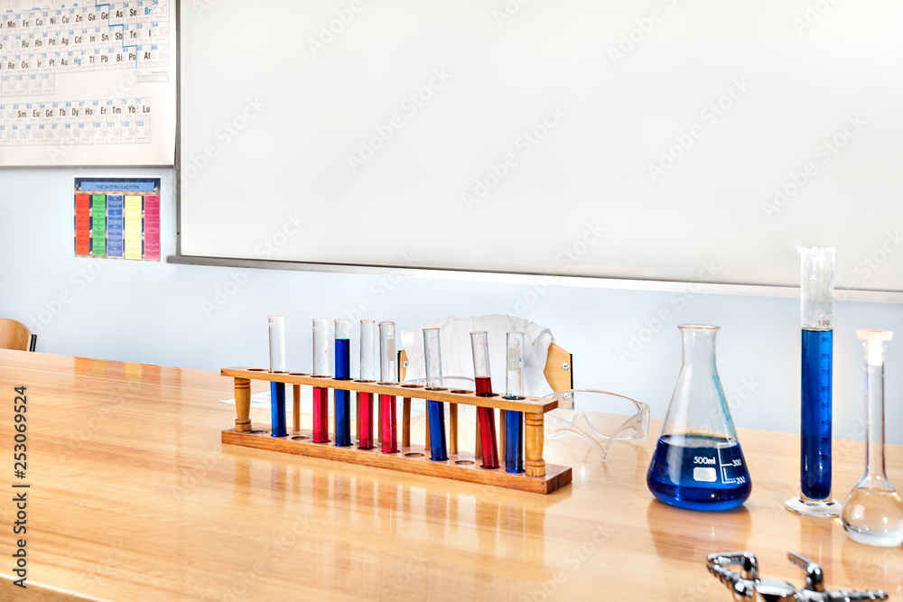 Laboratory items on the wooden table