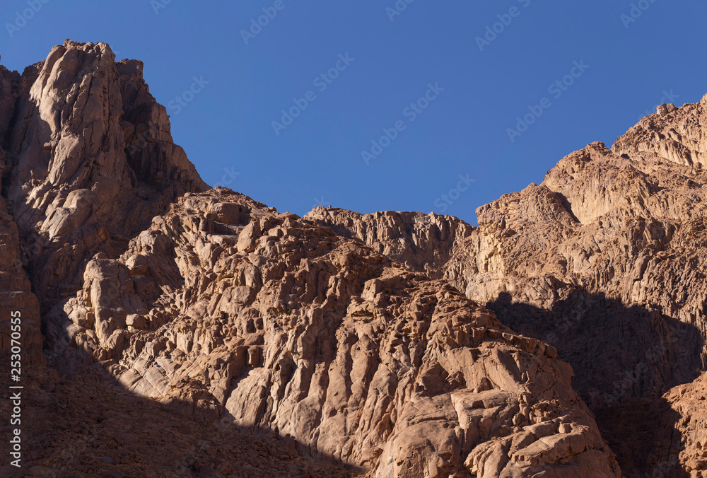 Egypt. Mount Sinai in the morning at sunrise. (Mount Horeb, Gabal Musa, Moses Mount). Pilgrimage place and famous touristic destination.