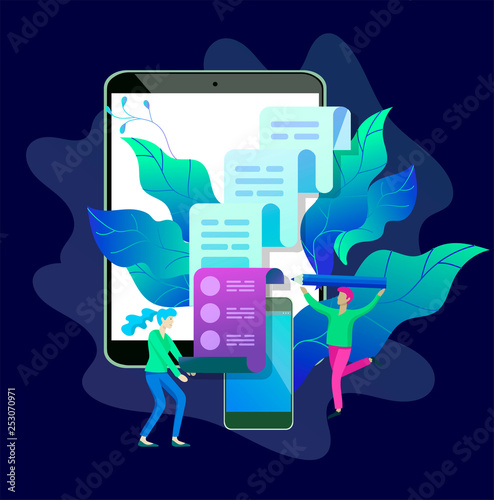 Concept vector illustration of business Blogging, people and education technology. Vector illustration news, copywriting, seminars, tutorial, creative writing, content management for web page, banner
