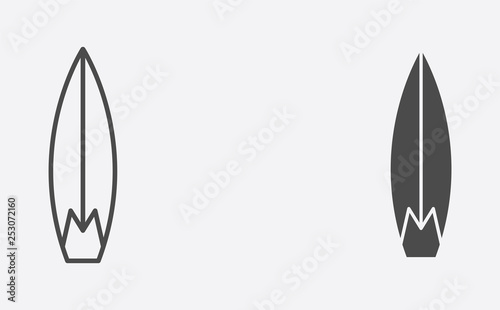 Surfboard outline and filled vector icon sign symbol