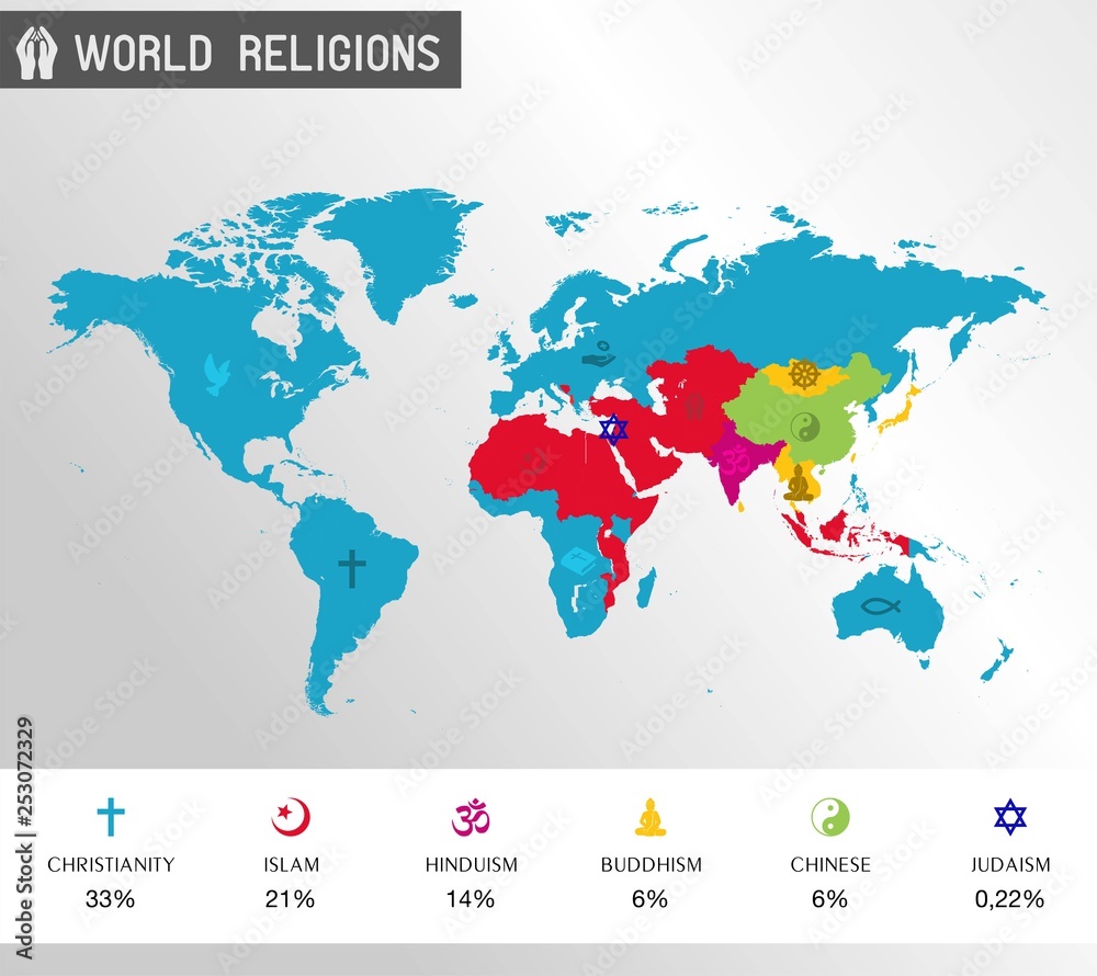 World religions - map of the world with dominant religion vector Stock Vector  Adobe Stock