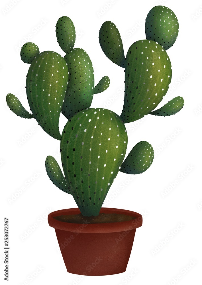 Cute green cartoon cactus in pot 