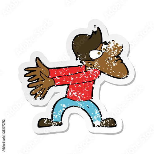 retro distressed sticker of a cartoon annoyed man gesturing