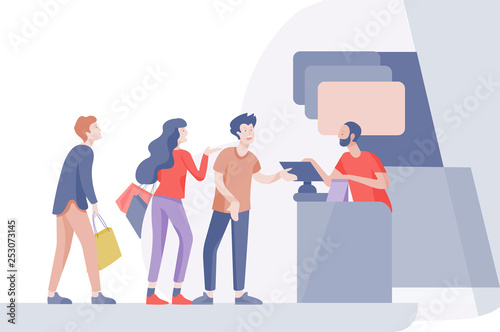 Angry People queue in supermarket with cashier, where to buy concept of shop assistant. Selling interaction, purchasing process. Dissatisfied and tired customer scream and swear