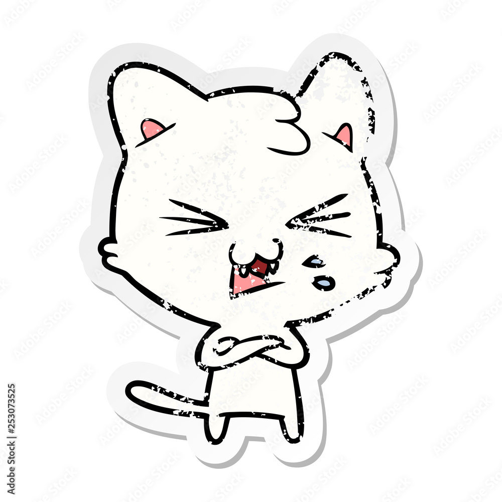 distressed sticker of a cartoon hissing cat distressed sticker of a cartoon hissing cat