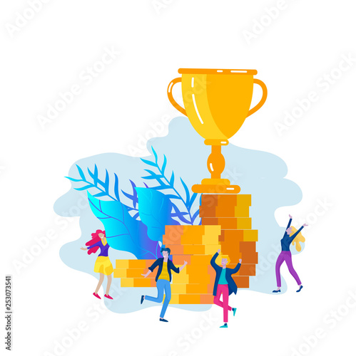 Business Team Success hold Golden winner cup, concept of people are happy with victory. Office Workers Celebrating with Big Trophy, ways goals, first place in business, financial growth. Landing page