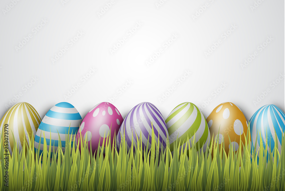 Easter background with painted 3d realistic eggs in green glass. Vector illustration.