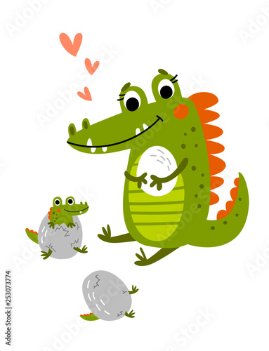 Crocodile mum with children vector illustration