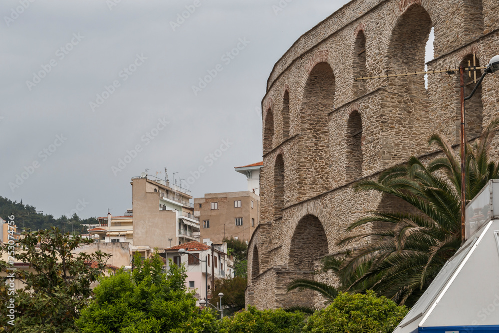 Ruins of medieval aqueduct in city of Kavala, East Macedonia and Thrace, Greece