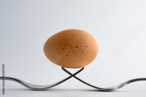 Egg in balance on two forks on white background