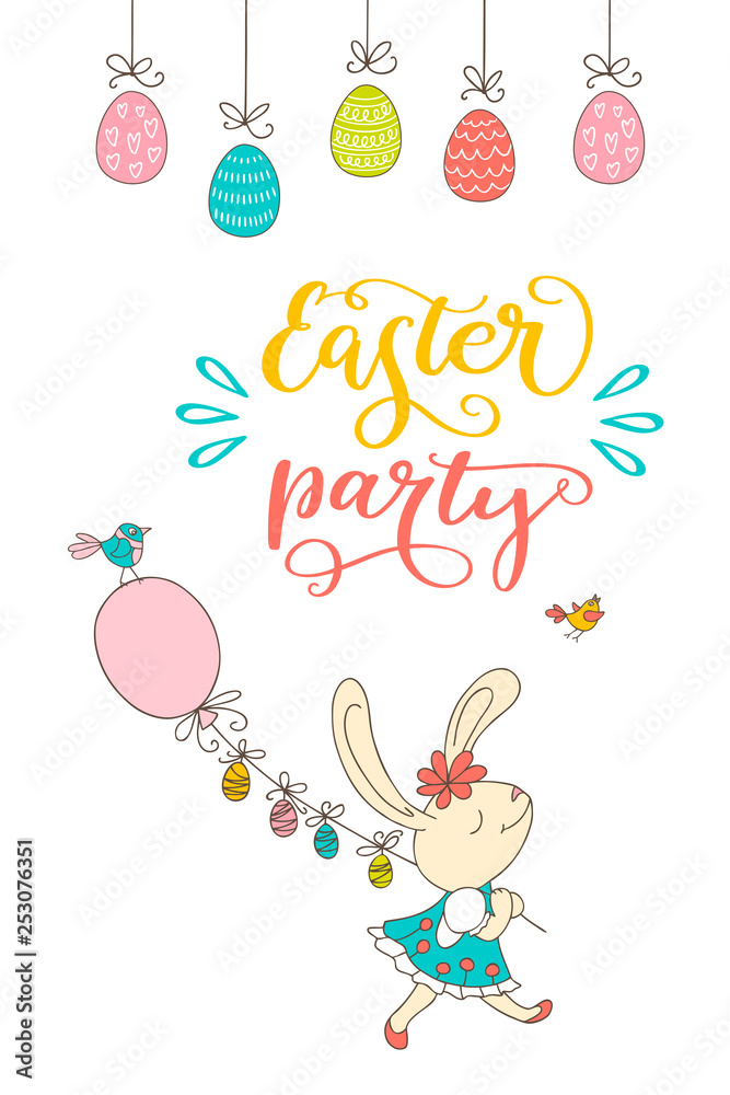 Hand drawn bunny, eggs, birds and lettering phrase Easter Party