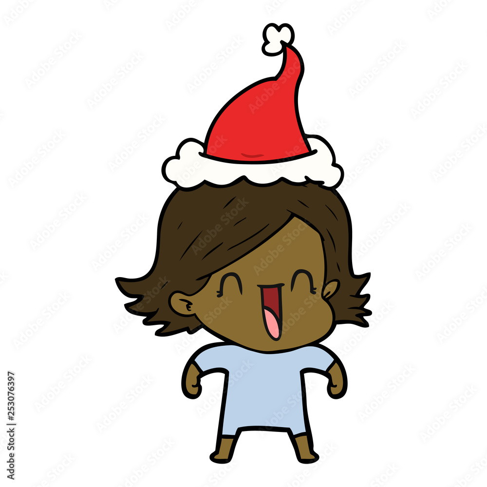 line drawing of a happy woman wearing santa hat line drawing of a happy woman wearing santa hat