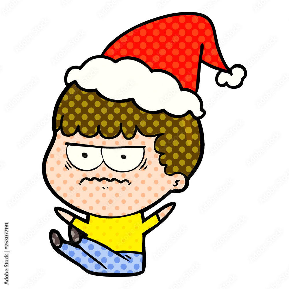 comic book style illustration of a annoyed man wearing santa hat