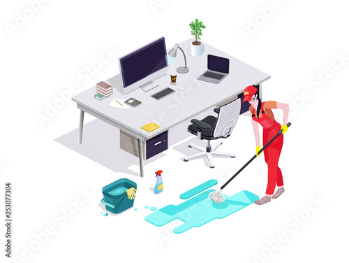 Woman dressed in uniform washes the floor in the office and cleans. Professional cleaning service with equipment and staff.Vector isolate