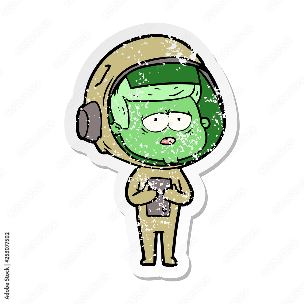 distressed sticker of a cartoon tired astronaut distressed sticker of a cartoon tired astronaut