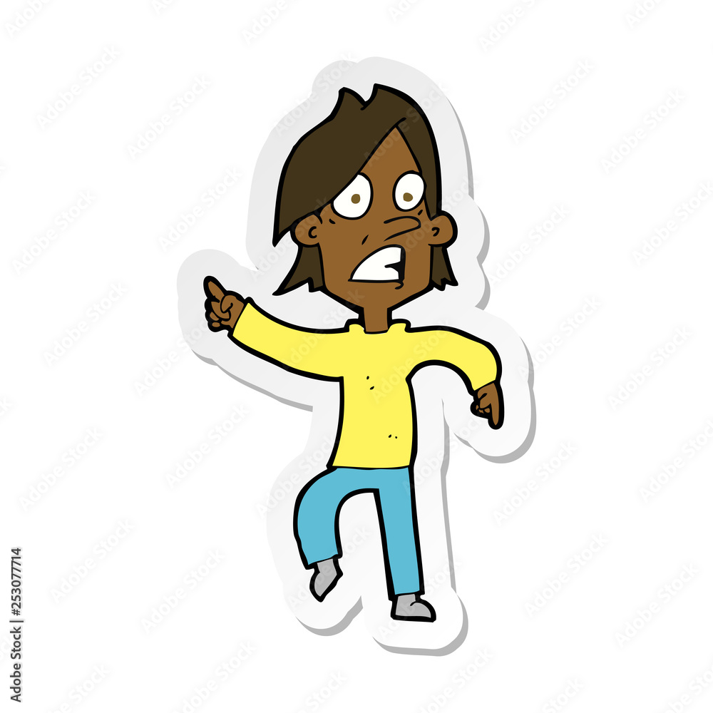sticker of a cartoon worried man pointing
