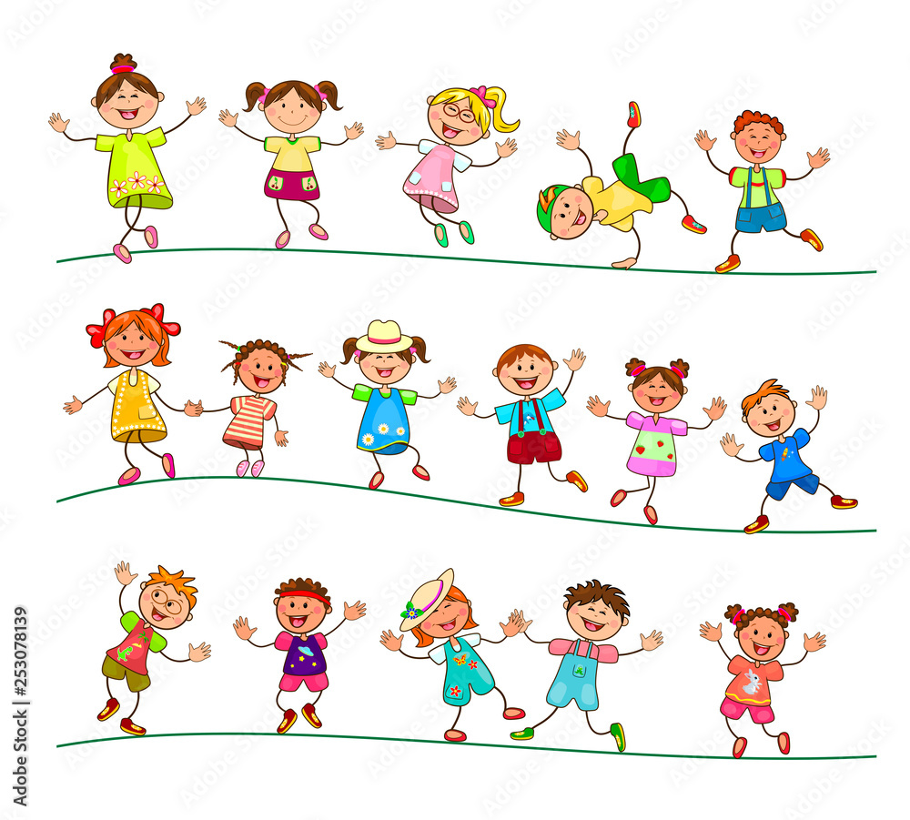 Fototapeta premium Joyful little kids for a walk. Group of cheerful, smiling children on a white background. Cartoon joyful children. Group of happy, smiling children.