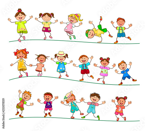 Joyful little kids for a walk. Group of cheerful, smiling children on a white background. Cartoon joyful children. Group of happy, smiling children.