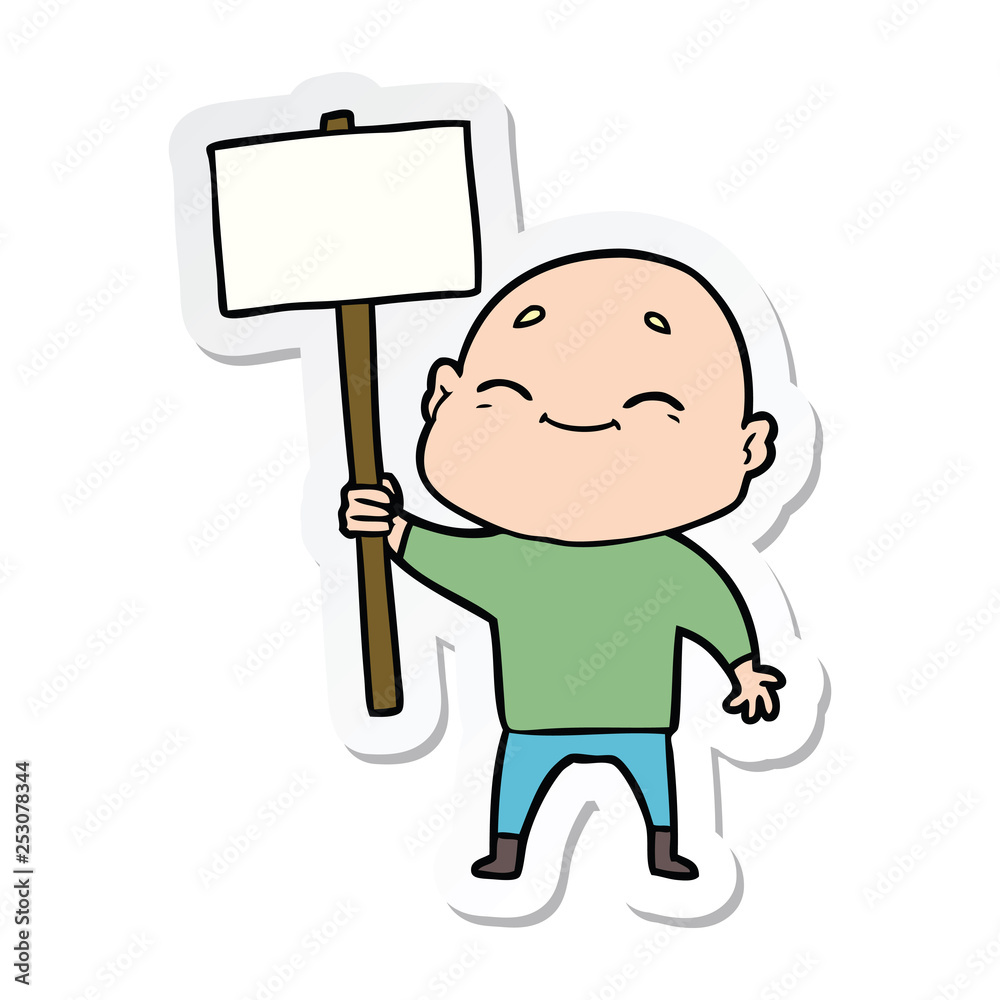 sticker of a happy cartoon bald man