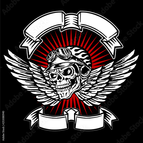 Skull biker helmet emblem, flames, wings and banners, motorcycle vintage graphic design, logo on a black background