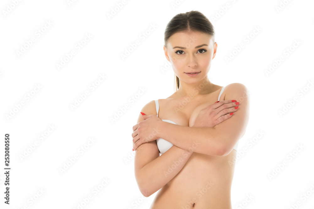 attractive sexy girl in underwear posing with crossed arms isolated on white attractive sexy girl in underwear posing with crossed arms isolated on white