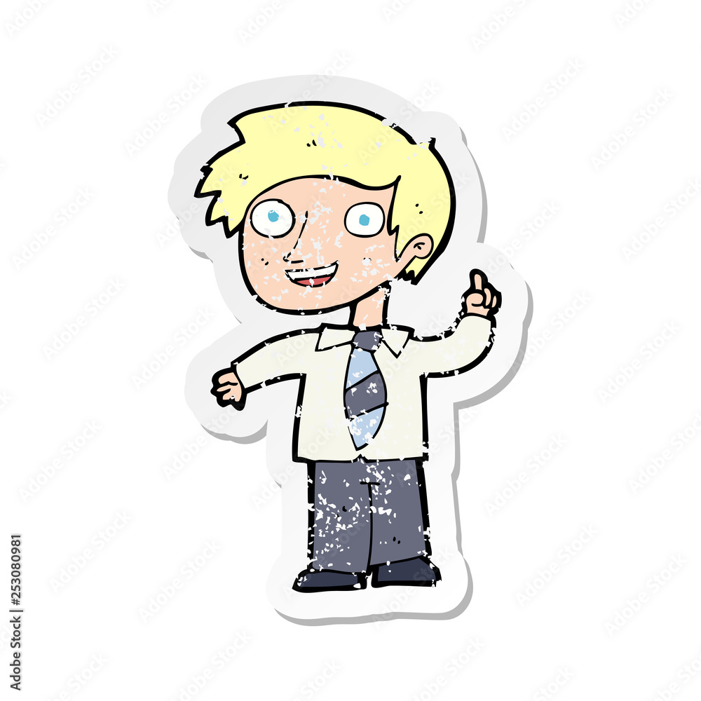 retro distressed sticker of a cartoon school boy with idea retro distressed sticker of a cartoon school boy with idea