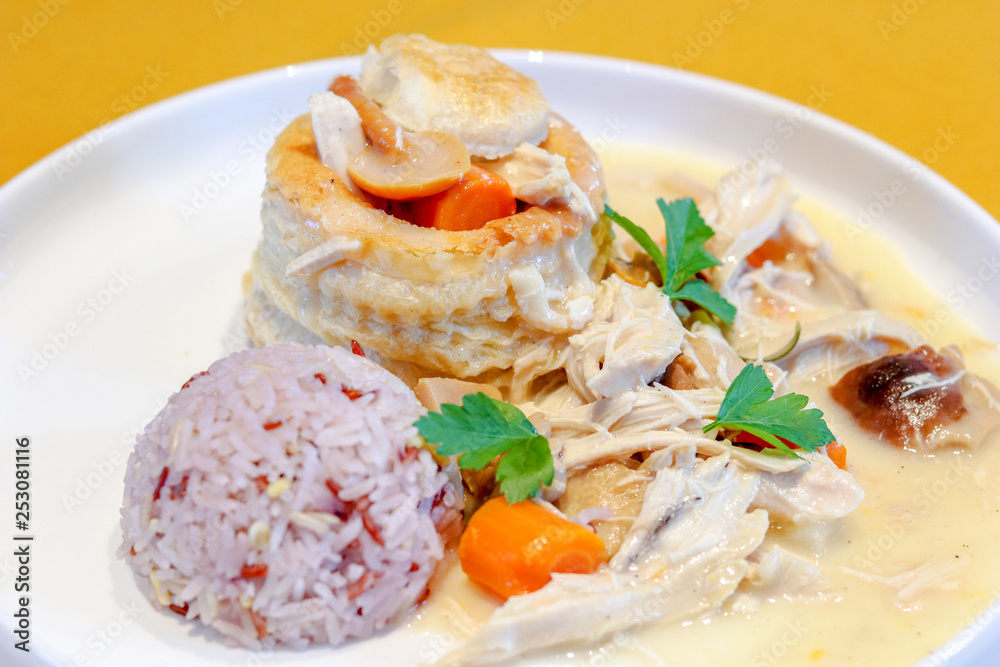 Background of chicken fusion dish between European and Asian or Vol-au-Vant in Belgium. Background of chicken fusion dish between European and Asian or Vol-au-Vant in Belgium.