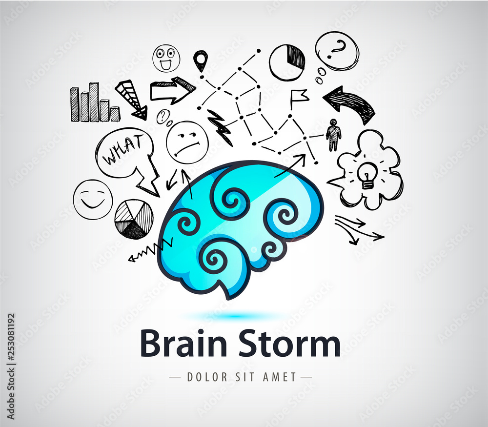 Vector rainstorming creative idea logo, brain icon with doodle hand ...