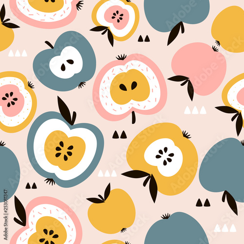 Apples background. Hand drawn overlapping backdrop. Colorful wallpaper vector. Seamless pattern with fruits collection. Decorative illustration, good for printing. Design poster