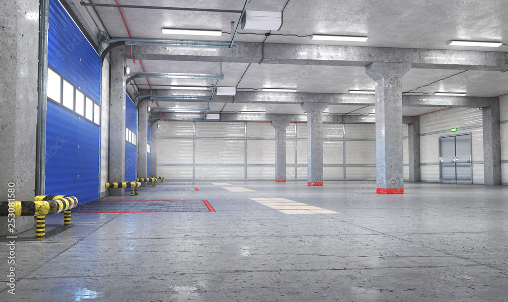 Obraz premium Hangar interior with gates. 3d illustration