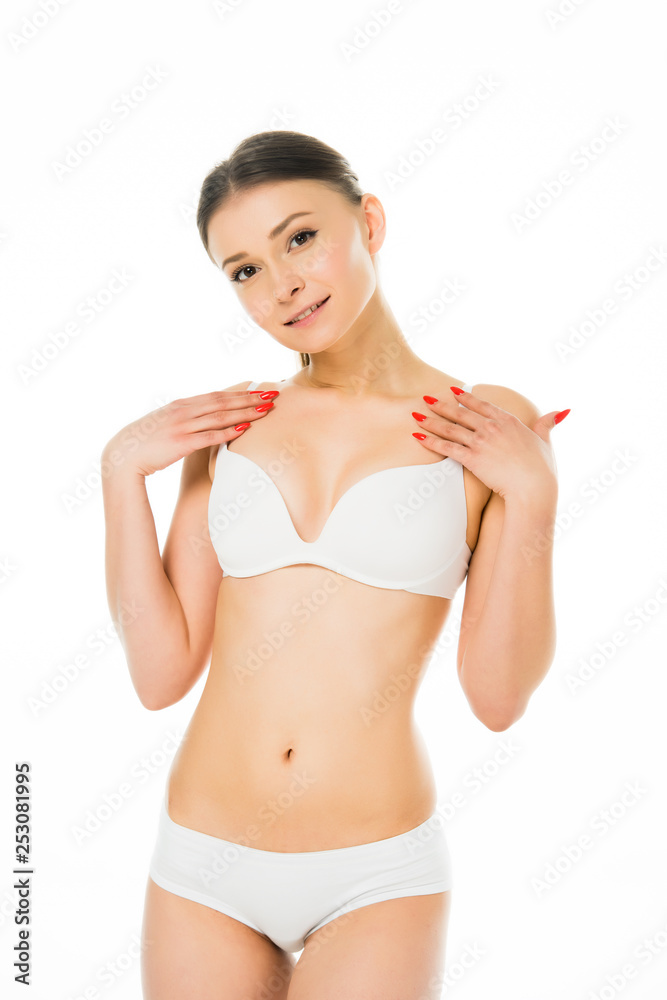 beautiful smiling woman in underwear posing with hands on shoulders isolated on white beautiful smiling woman in underwear posing with hands on shoulders isolated on white