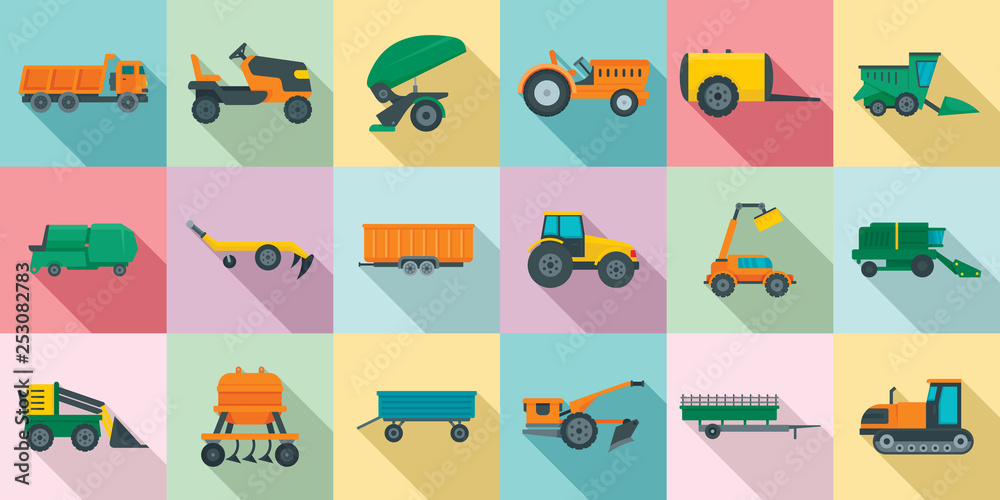 Agricultural machines icons set. Flat set of agricultural machines vector icons for web design Agricultural machines icons set. Flat set of agricultural machines vector icons for web design