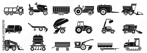Farm agricultural machines icons set. Simple set of farm agricultural machines vector icons for web design on white background