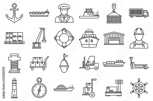 Marine port transport icons set. Outline set of marine port transport vector icons for web design isolated on white background