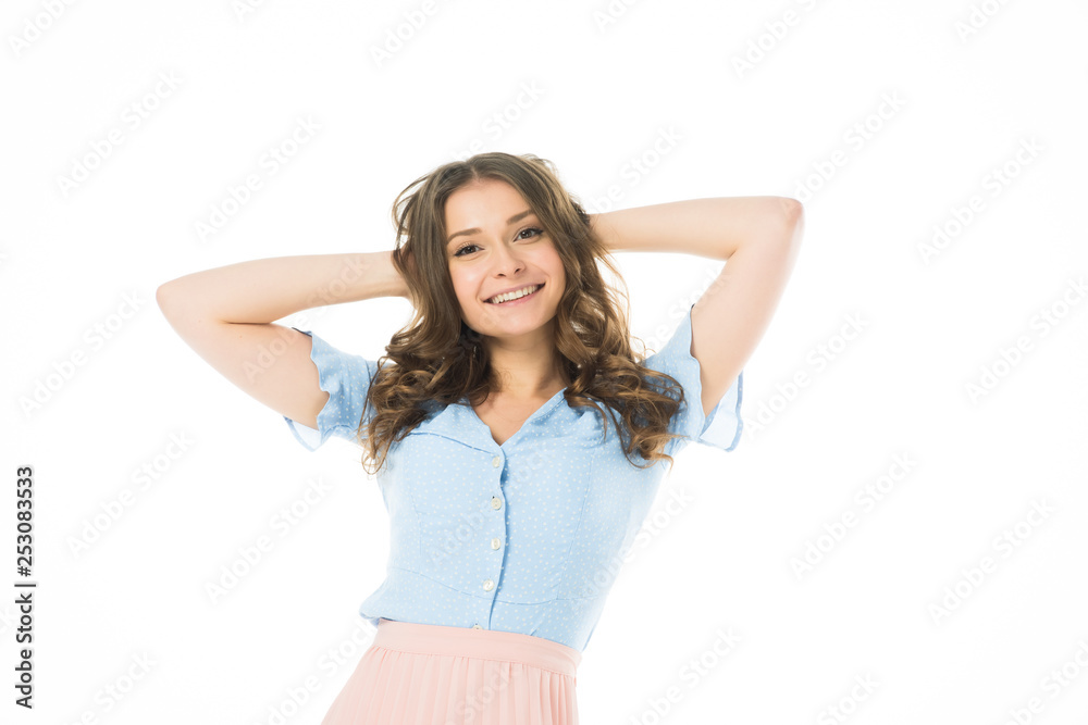 pretty smiling girl posing with hands on head isolated on white pretty smiling girl posing with hands on head isolated on white