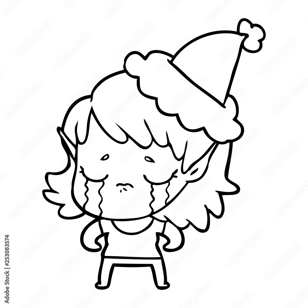 Fototapeta premium line drawing of a crying elf girl wearing santa hat