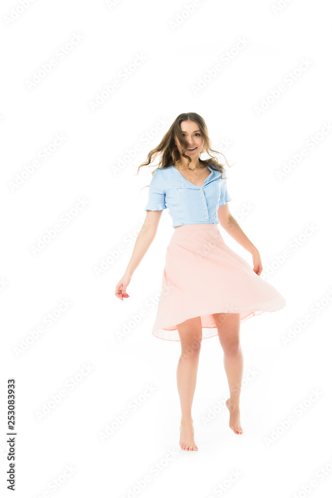 smiling pretty elegant woman whirling isolated on white smiling pretty elegant woman whirling isolated on white