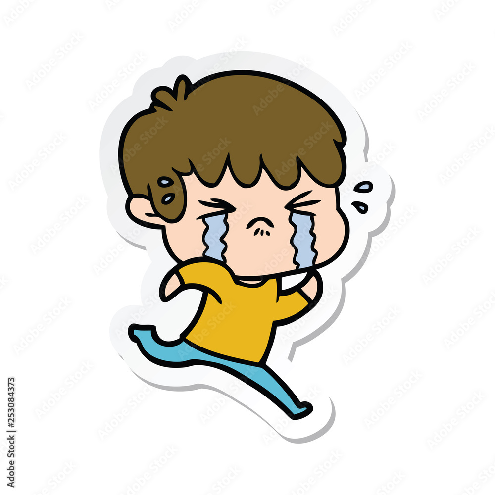 sticker of a cartoon boy crying
