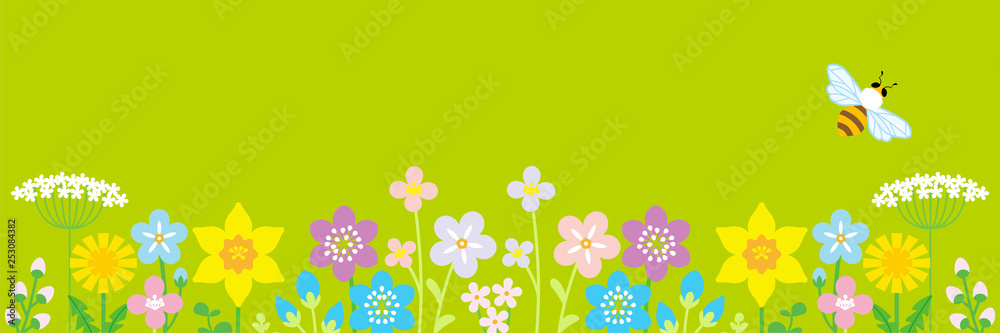 Lined up Colorful Wildflowers and honey bee, header ratio - Green color background Lined up Colorful Wildflowers and honey bee, header ratio - Green color background