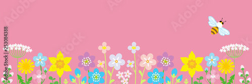 Lined up Colorful Wildflowers and honey bee, header ratio - pink color background