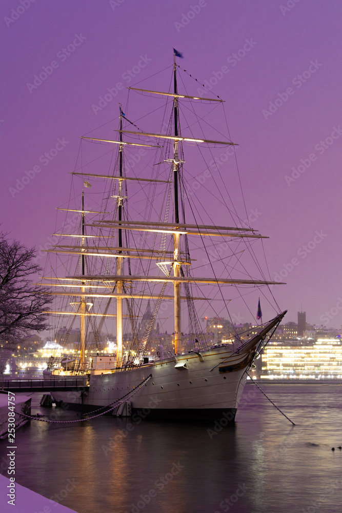Sailing ship in Stockholm on sunset in the Harbor