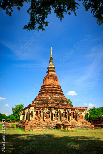 Wat Chang lom which has old-style pagoda with elephant statues around sukhothai historical park in Thailand., Tourism, World Heritage Site, Civilization,UNESCO