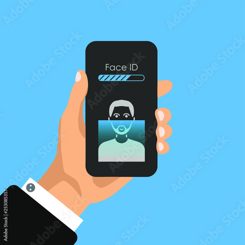 Hand holds phone with face id icons on screen. Face scanning process icons. Facial recognition system signs. Facial detection and access security symbols. Vector illustration 