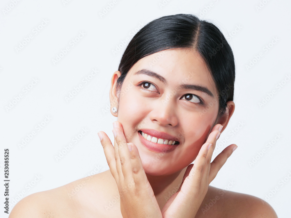 Asian beautiful woman close up face cosmetic skin care concept on white background Asian beautiful woman close up face cosmetic skin care concept on white background