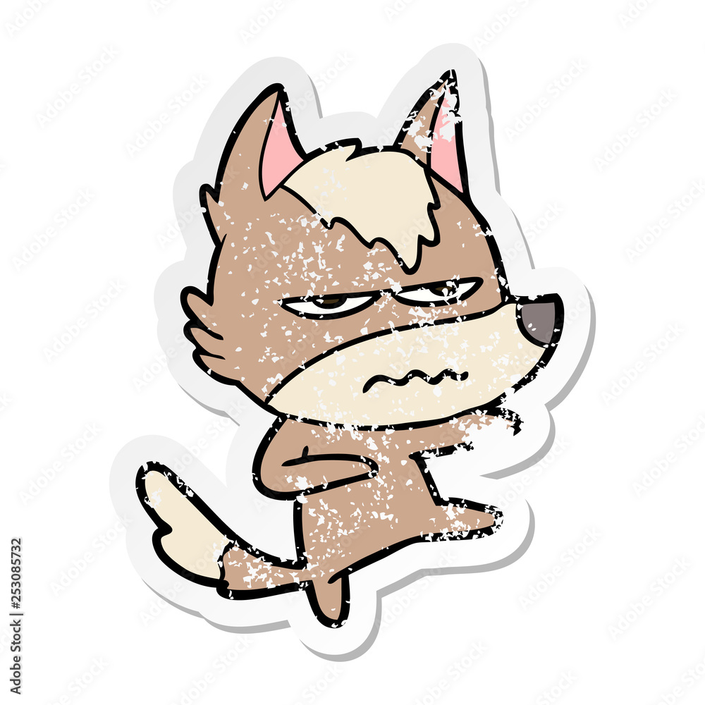 distressed sticker of a cartoon annoyed wolf distressed sticker of a cartoon annoyed wolf