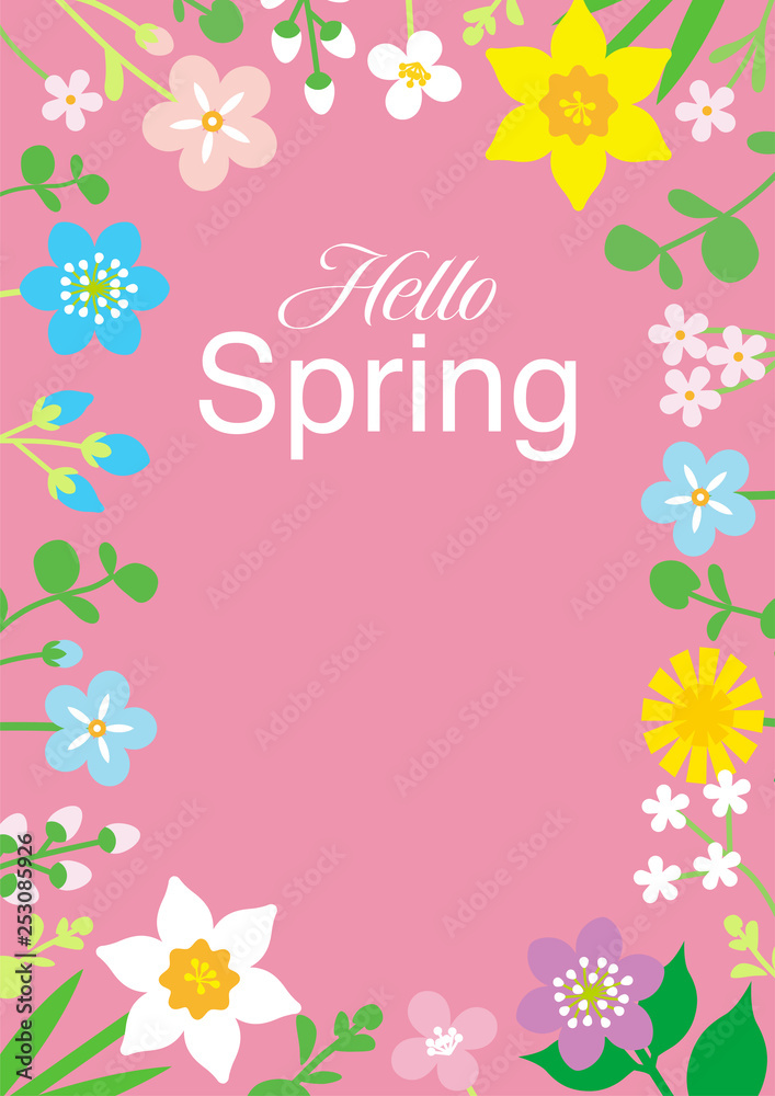 Round frame of Colorful Wildflowers, including words “Hello Spring” - Vertical layout, Pink color background
