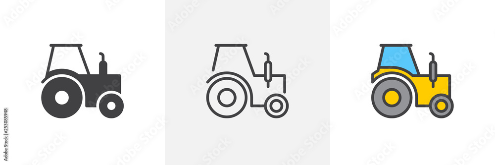 Ikona ciężarówki ciągnika. Linia, glif i wypełniona konturowa wersja kolorowa, kontur ciągnika rolniczego i wypełniony znak wektora. Symbol, ilustracja logo. Zestaw ikon różnych stylów. Pixel perfect vector graphics