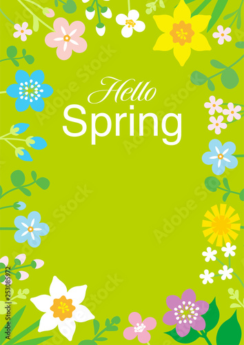 Round frame of Colorful Wildflowers, including words “Hello Spring” - Vertical layout, green color background